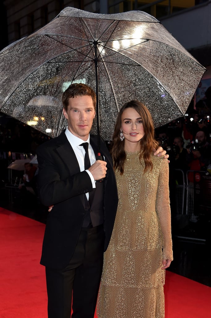 Keira Knightley and Benedict Cumberbatch braved the rain for the red carpet premiere of their film, The Imitation Game, at the London Film Festival on Wednesday.