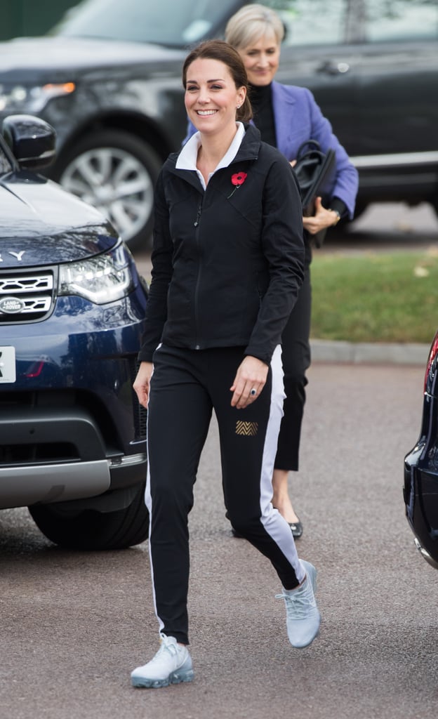 Kate made trackpants look cool with gel platform sneakers in 2017 at the Lawn Tennis Association.