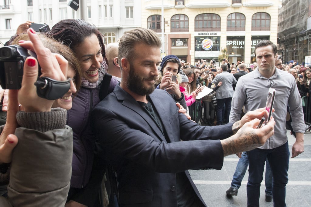 David Beckham's beard took the spotlight in a selfie he took with a fan outside an H&M event in Madrid, Spain, on Friday.
