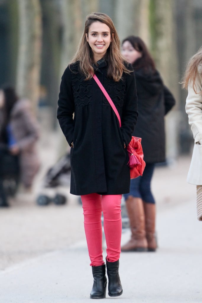 Jessica was all smiles in coordinating hot-pink denim and a leather Loewe shoulder bag in Paris.