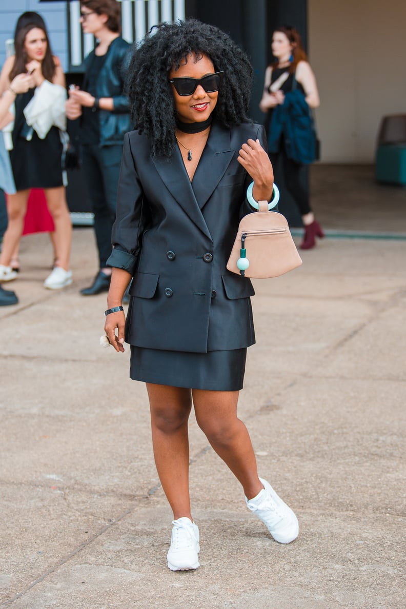 Wear Your Skirt Suit With Crisp White Sneakers