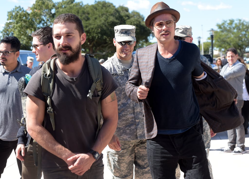 Shia LaBeouf and Brad Pitt buddied up to promote their movie Fury at Fort Benning in Columbus, GA, on Thursday.