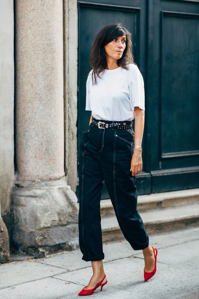 Belt a white tee, denim, and heels — yep, it's that simple.