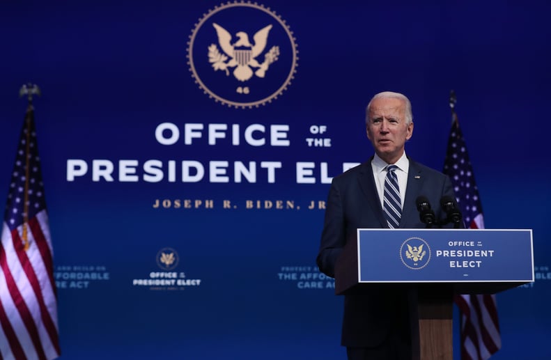WILMINGTON, DELAWARE - NOVEMBER 10: U.S. President-elect Joe Biden addresses the media about the Trump Administration's lawsuit to overturn the Affordable Care Act on November 10, 2020 at the Queen Theater in Wilmington, Delaware. Mr. Biden also answered 