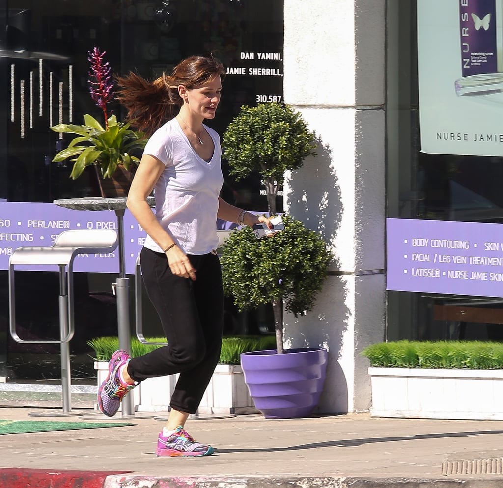 Jennifer Garner put her tennis shoes to work after a spa visit in LA.