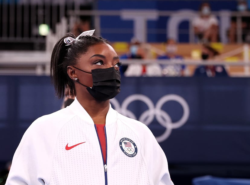 Simone Biles of the United States looks on during the artistic gymnastics women's team final at the Tokyo 2020 Olympic Games in Tokyo, Japan, July 27, 2021. (Photo by Cao Can/Xinhua via Getty Images)