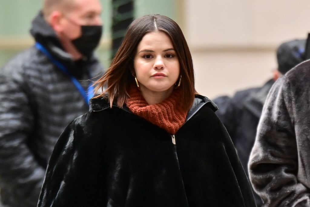 Selena Gomez Wears a Plush Velvet Cape While Filming