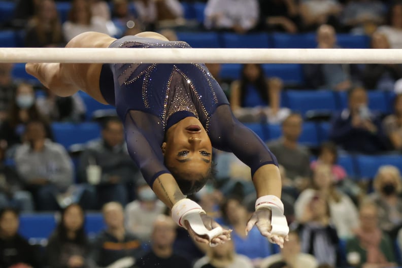 LOS ANGELES, CALIFORNIA - MARCH 11: Jordan Chiles of the UCLA Bruins competes on uneven bars against the Iowa State Cyclones at UCLA Pauley Pavilion on March 11, 2023 in Los Angeles, California. (Photo by Katharine Lotze/Getty Images)