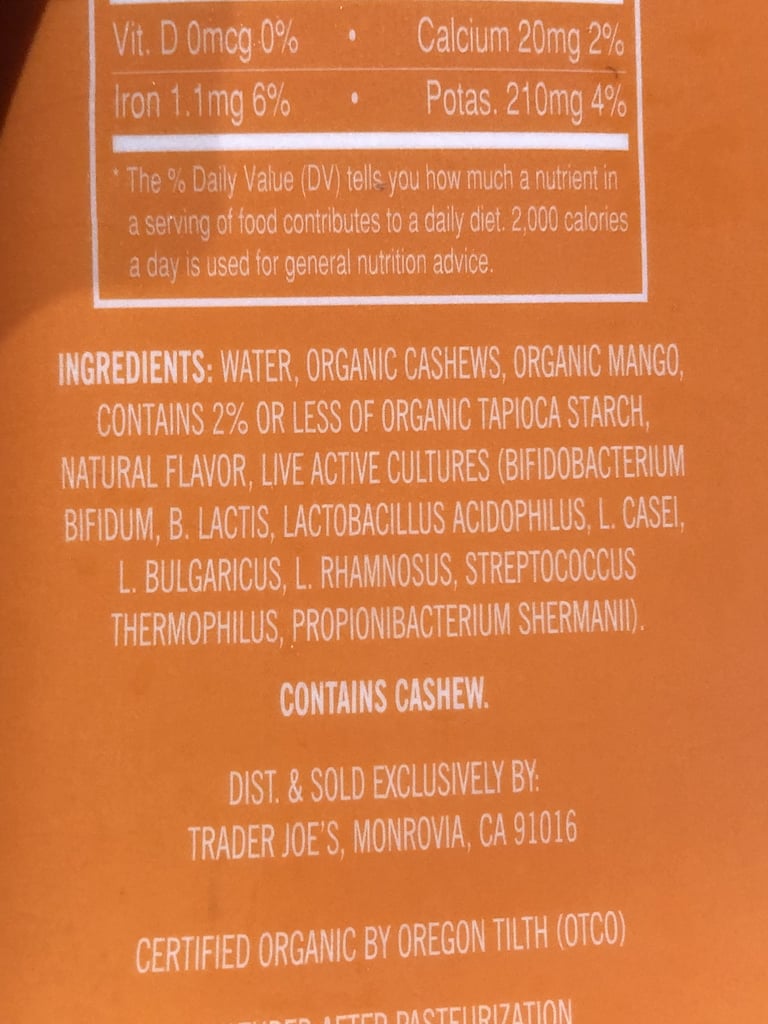 Ingredients in Mango Trader Joe's Cultured Cashew Beverage