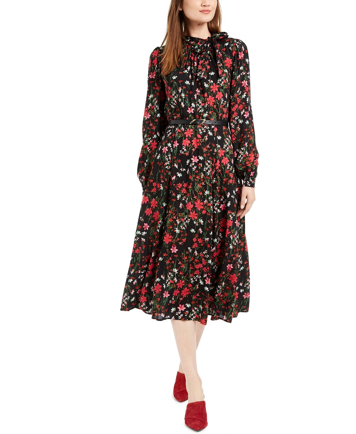 Calvin Klein Belted Floral Tie-Neck Dress | 26 Fall Dresses That'll Make  You Want to Crunch Leaves and Sip Lattes, All From Macy's | POPSUGAR  Fashion Photo 14