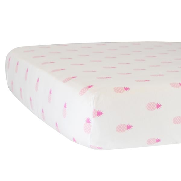 Hello Spud Crib Sheet With Pink Pineapples on White Organic Cotton