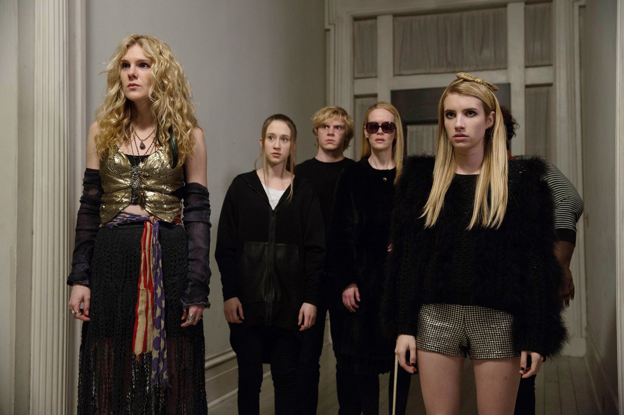 AMERICAN HORROR STORY: COVEN, l-r: Lily Rabe, Taissa Farmiga, Evan Peters, Sarah Paulson, Emma Roberts in 'Go To Hell' (Season 3, Episode 12, aired January 22, 2014). ph: Michele K. Short/FX Networks/courtesy Everett Collection