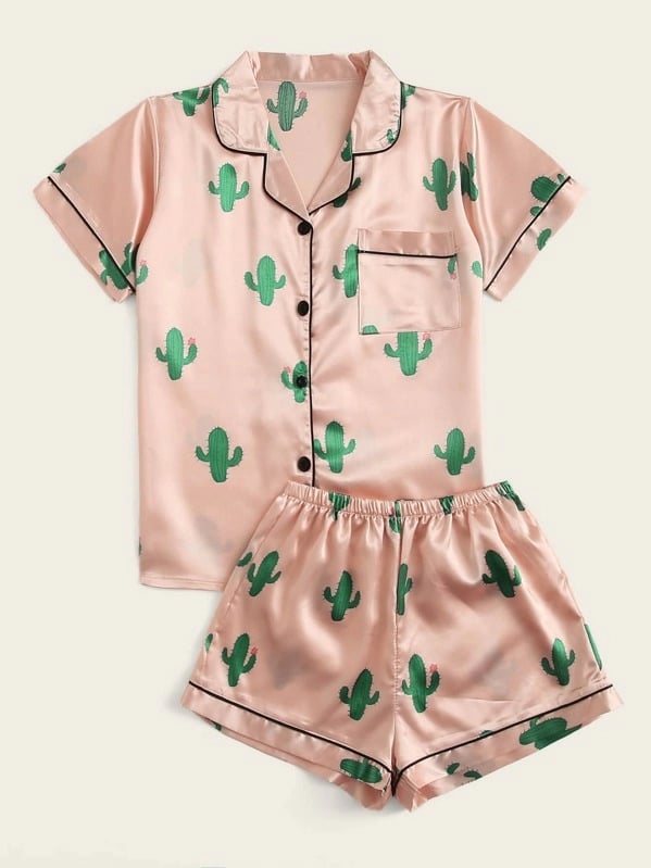 Romwe Cactus Print Satin Pajama Set