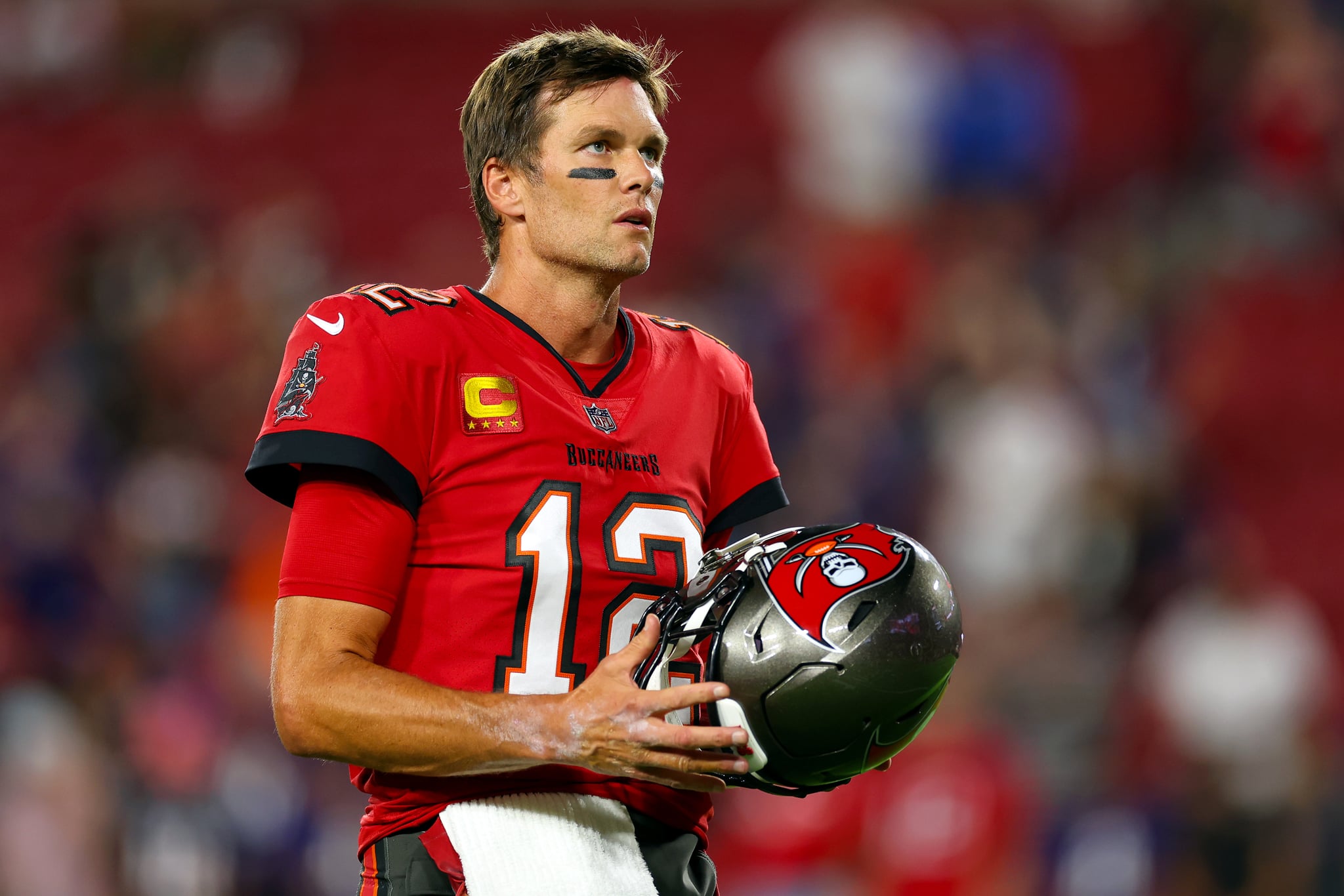 TAMPA, FLORIDA - OCTOBER 27: Tom Brady #12 of the Tampa Bay Buccaneers looks on during pregame warm-ups prior to a game against the Baltimore Ravens at Raymond James Stadium on October 27, 2022 in Tampa, Florida. (Photo by Mike Ehrmann/Getty Images)