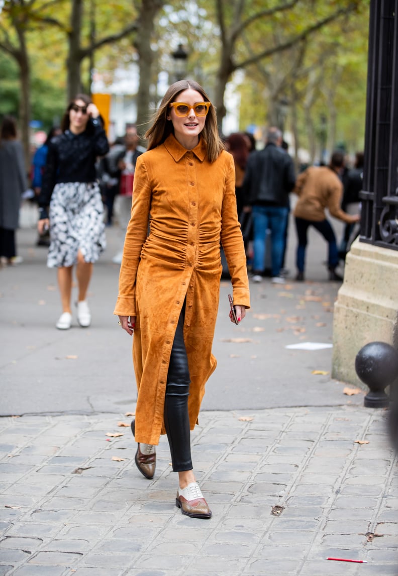 Leather Pants Outfit Idea: Skinny Leather Pants + Button-Down Dress