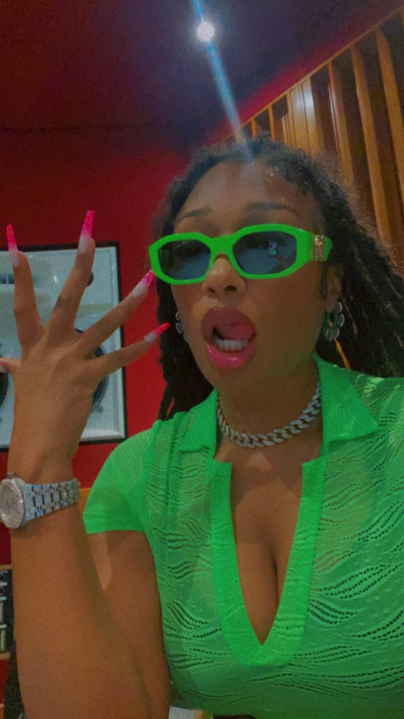 Megan Thee Stallion's Green Shorts Set in Freestyle Video