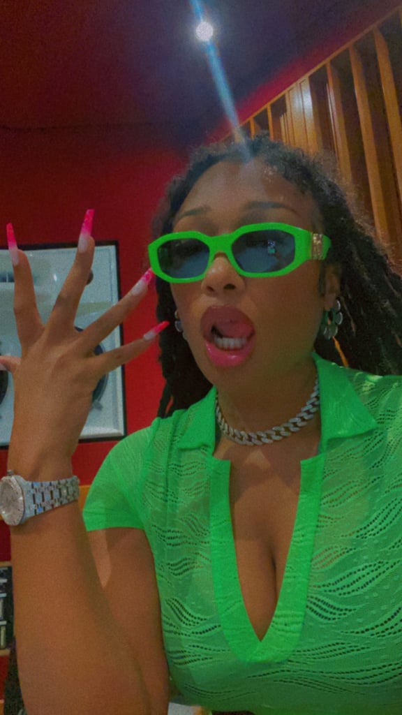 Megan Thee Stallion's Green Shorts Set in Freestyle Video