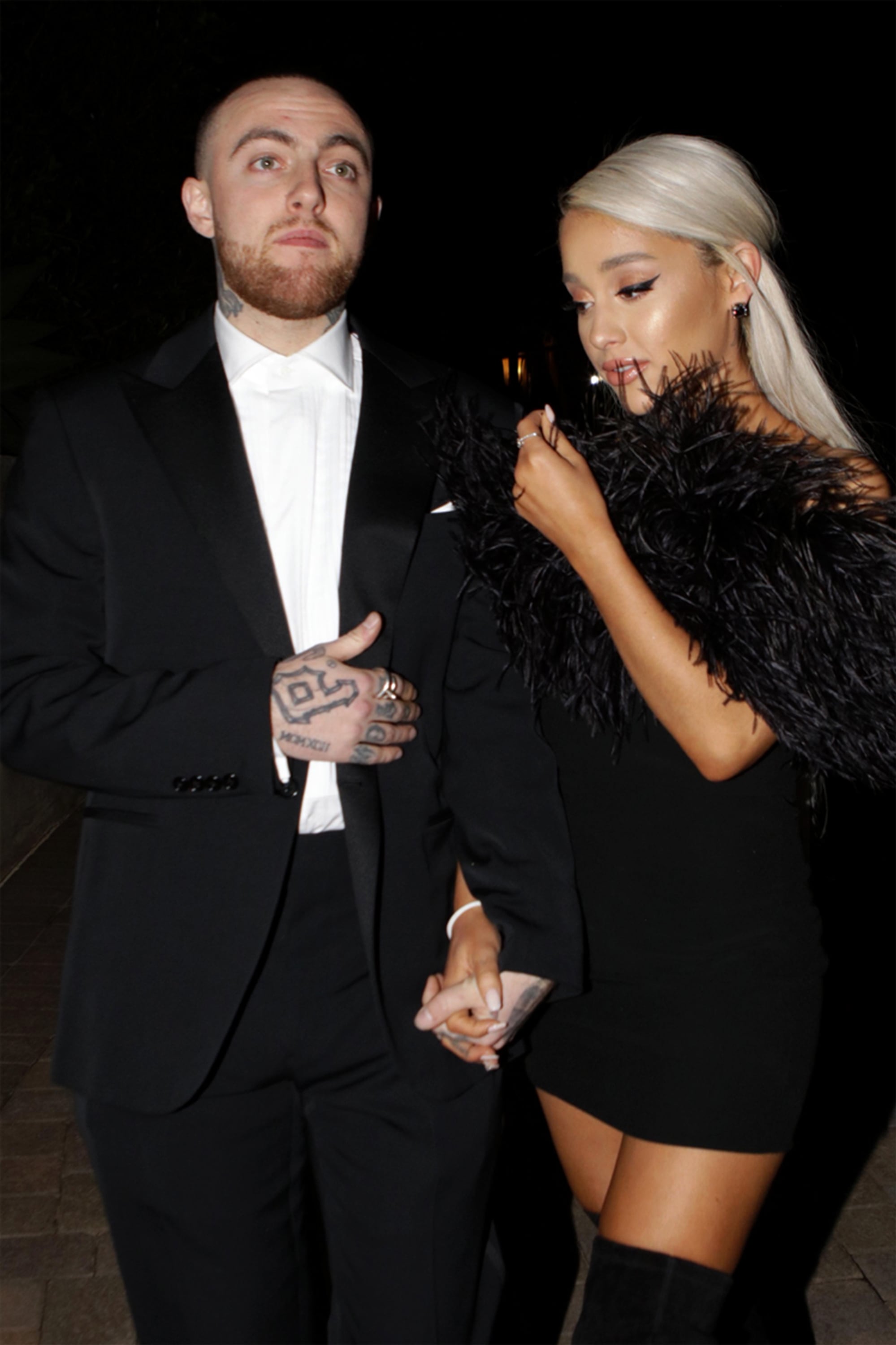 LOS ANGELES, CA - MARCH 04:  Rapper Mac Miller and singer Ariana Grande are seen attending an Oscar party on March 4, 2018 in Los Angeles, California.  (Photo by GC Images)