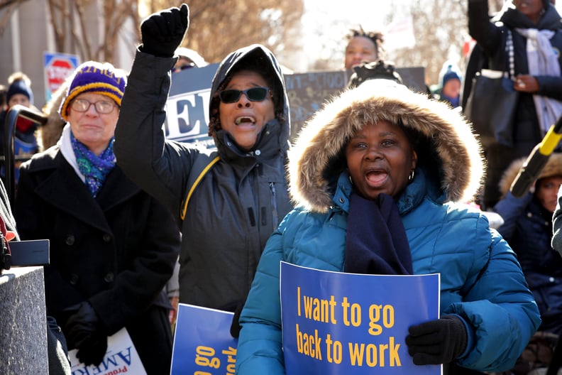 WASHINGTON, DC - JANUARY 10: Hundreds of federal workers and contractors rally against the partial federal government shutdown outside the headquarters of the AFL-CIO January 10, 2019 in Washington, DC. As the second-longest government shut down continues