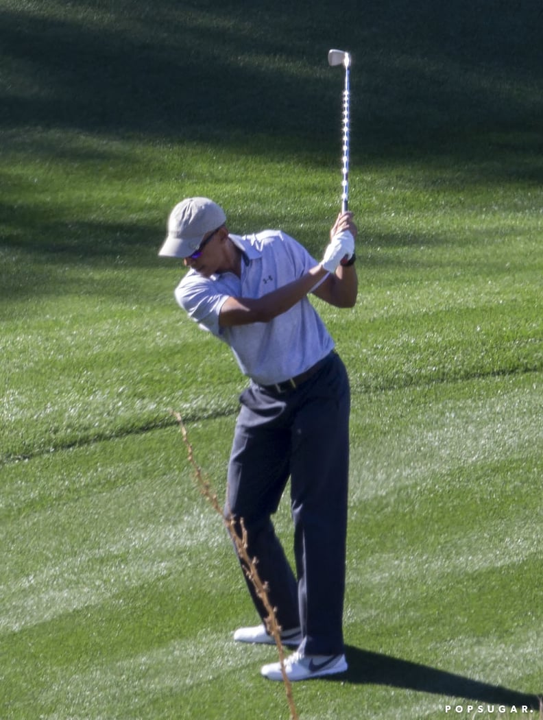 Here he is fresh out of the White House practicing his golf swing in Palm Springs, CA.