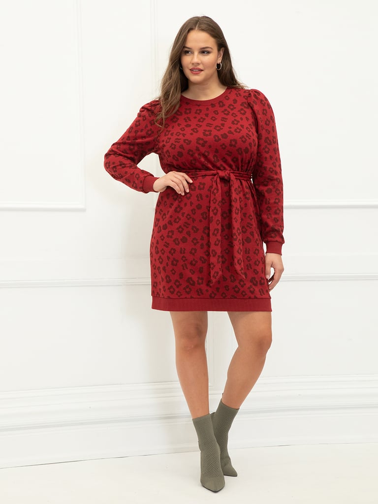 Eloquii Elements Plus-Size Puff Sleeve Leopard Print Sweatshirt Dress With Belt