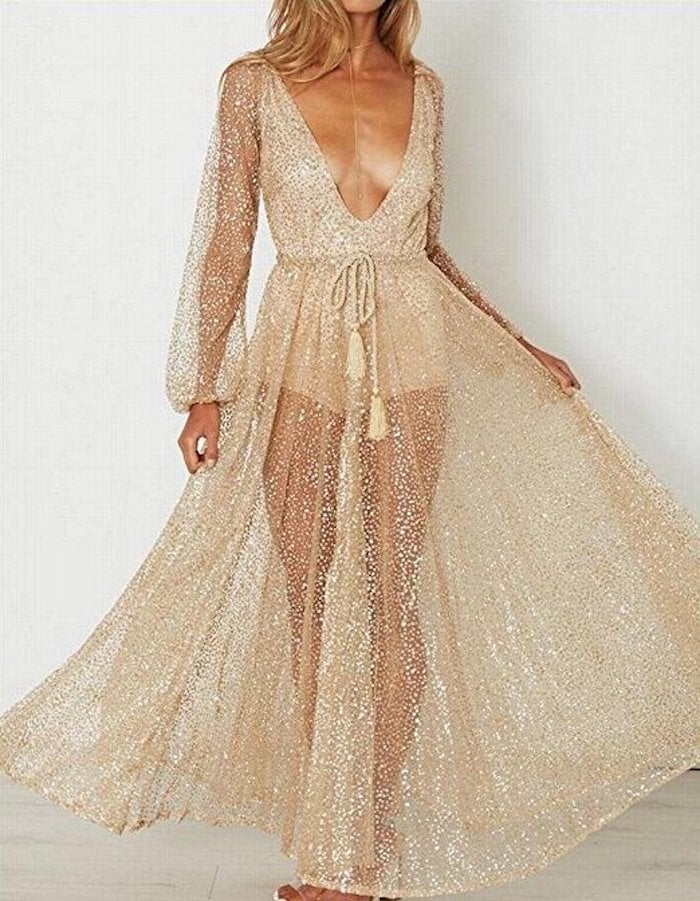 M2MO Sheer Long-Sleeved Cocktail Maxi Dress