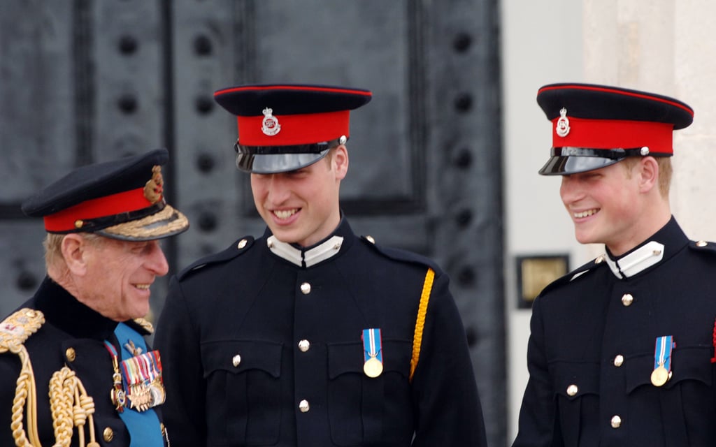 Philip shared a laugh with William and Harry at the Sovereign's Parade in April 2006.