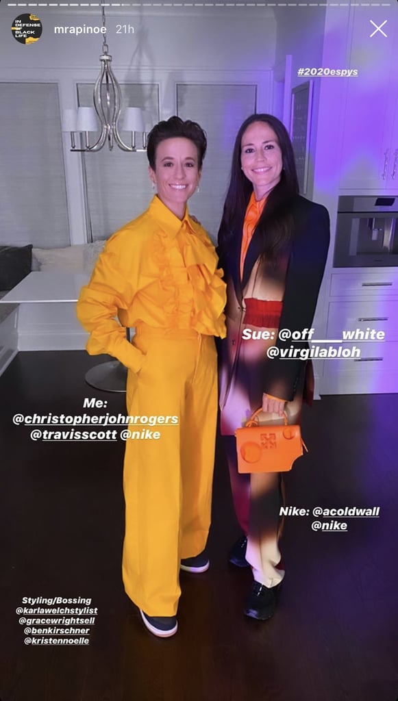 For another evening look, Megan chose a canary yellow ruffle top paired with matching trousers from Christopher John Rogers and Nike x Travis Scott sneakers. In an equally fun outfit, Sue wore a long Off-White blazer, pants, and purse, with A-Cold-Wall Nike sneakers.