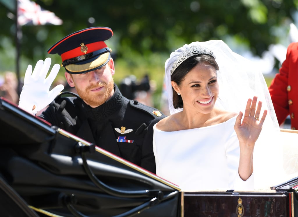 Since Meghan's tiara was so jaw-droppingly sparkly, she kept the rest of her jewellery pretty muted, opting for simple diamond earrings and a Cartier bracelet.