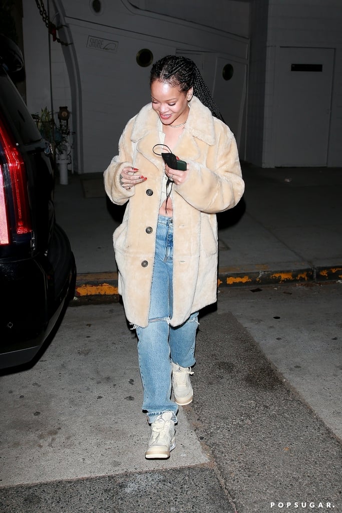 Rihanna Wearing a Teddy Coat With an Unbuttoned Cardigan