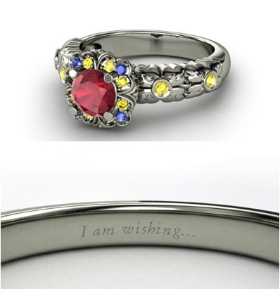 Sierra from Heck Yeah Disney Merch used Gemvara to create these Disney-princess-inspired rings — and they are spot-on, right down to the personalized engraving. You can buy Snow White's ring here!