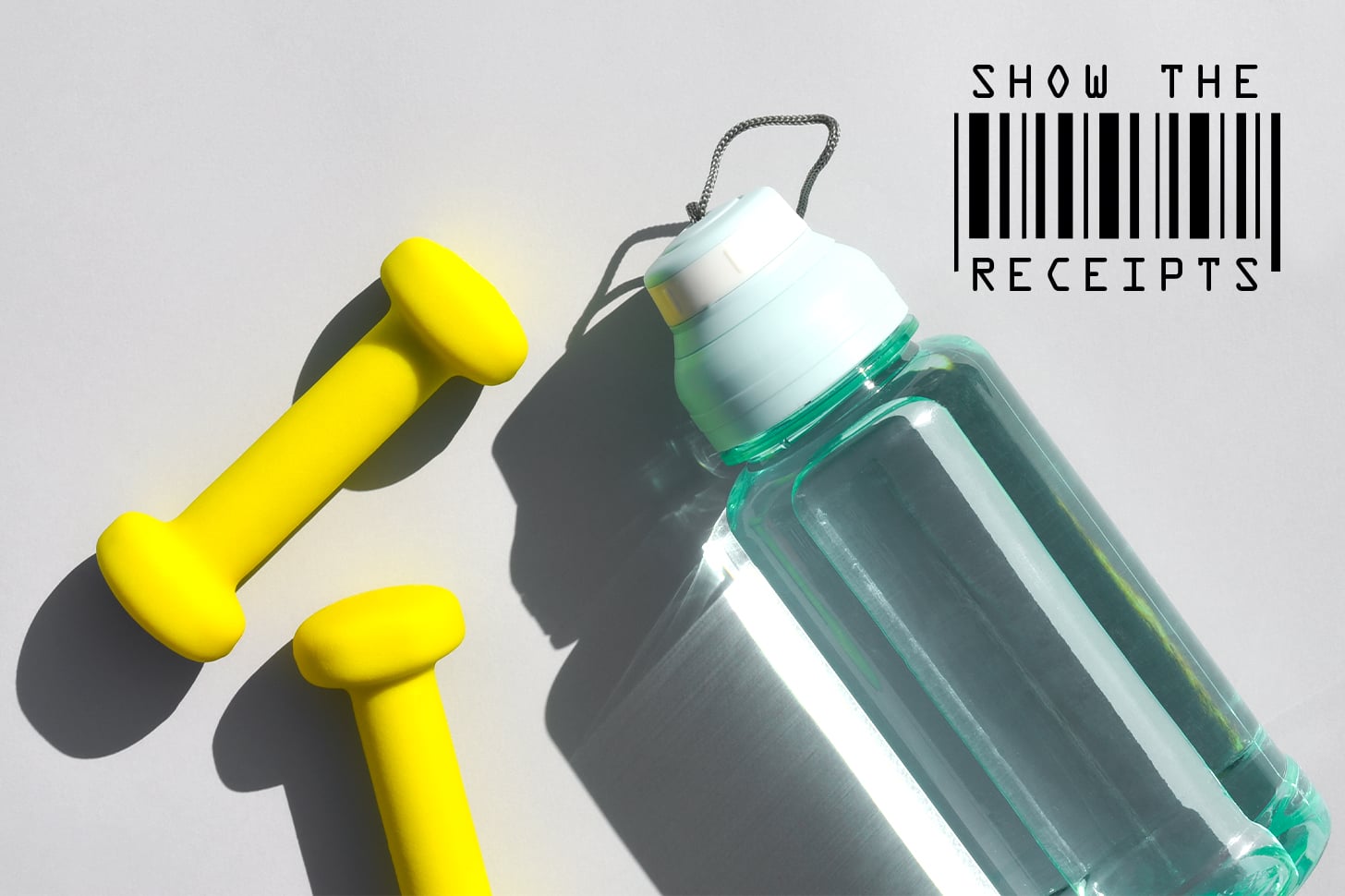 Designed Image of Two Yellow Dumbbells and a Blue Water Bottle