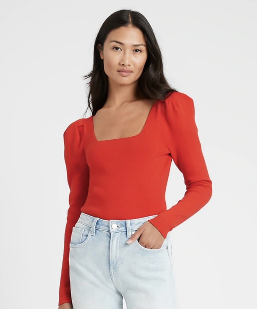 Square-Neck Puff-Sleeve Sweater Top