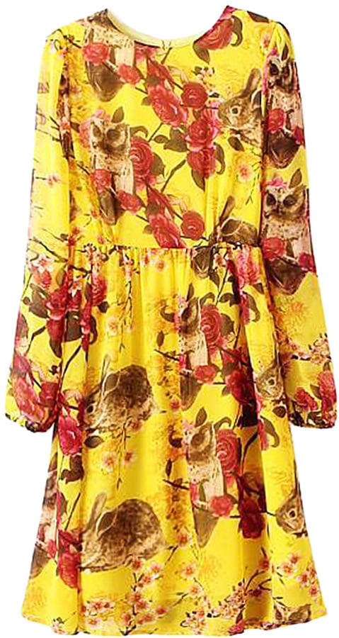 Choies Yellow Floral Long Sleeve Dress