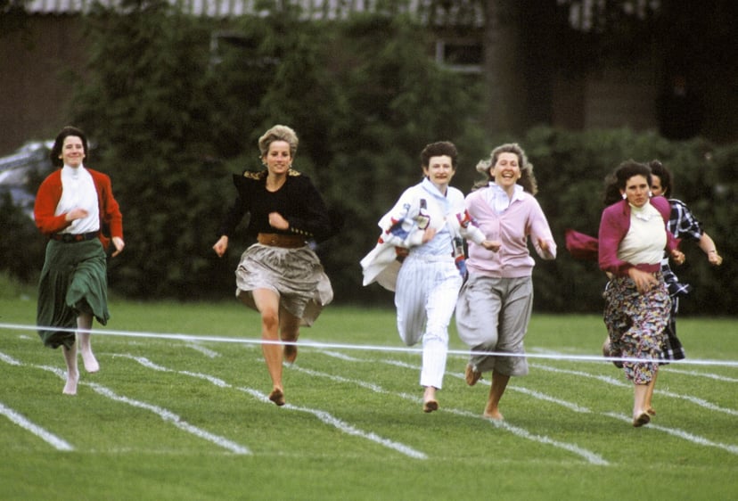 ENGLAND - 1991:  Princess Diana, Princess of Wales, running in the mothers race on school Sports day in 1991 in England.  (Photo by Anwar Hussein/WireImage)