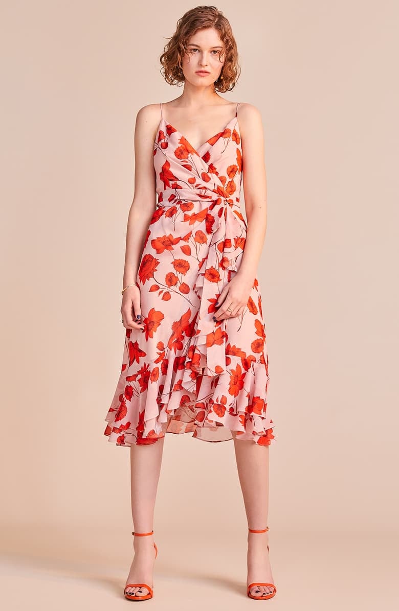 Eliza J Floral Print Faux Wrap Chiffon Dress