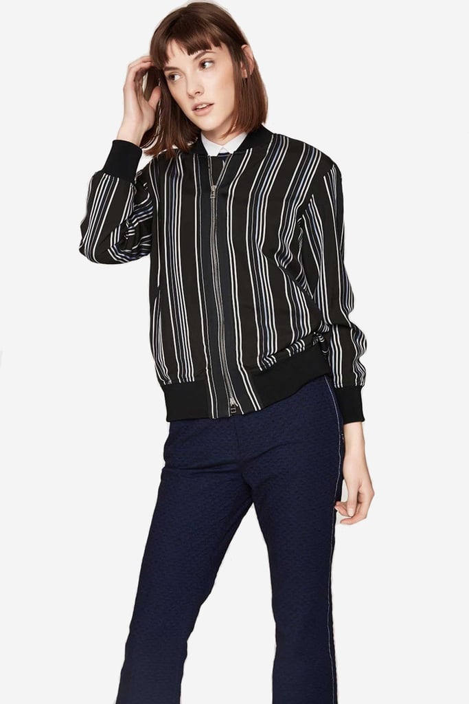 "Tap into Spring's statement stripes trend with this graphic bomber jacket ($450). I'll throw this over a wide-leg jumpsuit to dress it down for day." — MN
