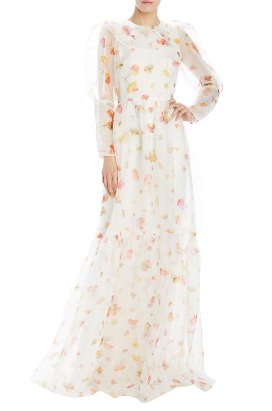 Monique Lhuillier Long Sleeve Floating Floral Organza Gown