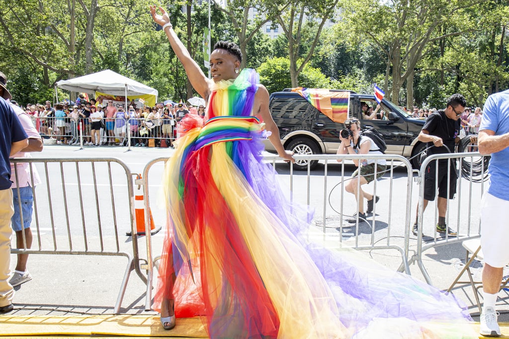 Billy Porter wearing a custom Christian Siriano rainbow gown.