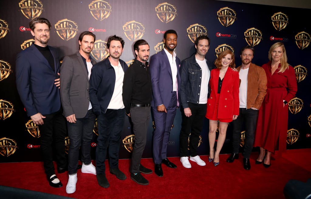 The two generations from the upcoming It sequel united on Tuesday at CinemaCon in Las Vegas to promote the bone-chilling film. During the event, the young stars from the 2017 movie — Sophia Lillis, Finn Wolfhard, Jack Dylan Grazer, Chosen Jacobs, Jeremy Ray Taylor, and Wyatt Oleff — were joined by Jessica Chastain, Bill Hader, James Ransone, Isaiah Mustafa, Jay Ryan, and Andy Bean, who will be portraying the children as adults in the follow-up thriller, respectively. 
James McAvoy also made an appearance, though his onscreen younger self, Jaeden Martell, couldn't make it. "He's too talented and he threatens me, so I made him disappear," James joked. Throughout the event, the new and returning cast members all posed for a few adorable snapshots together, notably Chastain and Lillis, who gave each other warm embraces while flashing bright smiles both on and off stage.
Director Andy Muschietti — who walked on stage holding red balloons — also showed attendees a sneak peek of the movie, and it sounds like it's going to be absolutely horrifying. In the clip, an adult Beverly Marsh (Chastain) returns to her old home to learn that her father has passed away. She's greeted by an elderly woman who invites her in to take a look around the house. While Beverly recalls old memories, a figure in the background is being dragged into a different room. Suddenly, things go awry as flies begin to appear and the old woman — donning a Pennywise-esque smile, of course — goes after Beverly. (OK, between Captain Marvel punching a Skrull that's in disguise as an elder and Pennywise now potentially taking the form of an old lady, I'm starting to think Hollywood has a thing against senior citizens.)
Thankfully, the cast didn't have to worry about a nightmarish clown running out on stage saying, "You'll float, too!" They were able to enjoy the event and get all the horror fans pumped for It: Chapter 2, which will hit theaters on Sept. 6!

    Related:

            
            
                                    
                            

            Y&apos;all, Pray For Jessica Chastain, Because She Is Already Getting Tormented by Pennywise