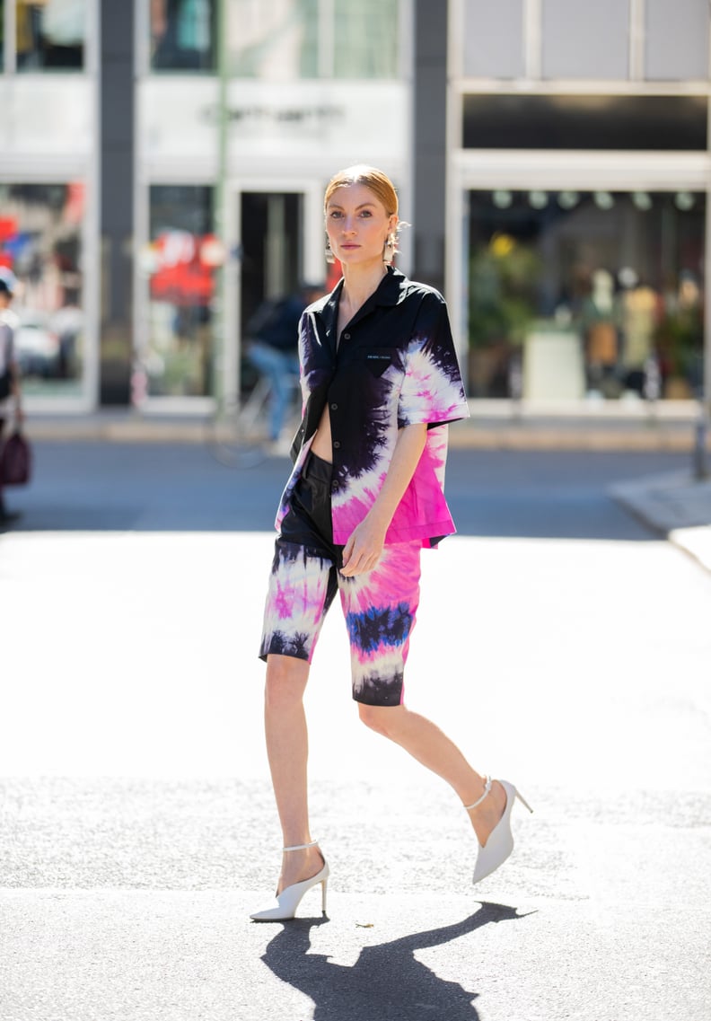 Style White Heels With Tie-Dye Shorts and a Matching Shirt