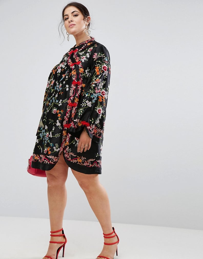 Asos Curve Embroidered Mandarin Collar Mini Dress