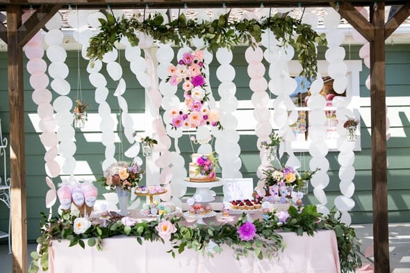 Sandy from Sandy a la Mode sent in this gorgeous party for her daughter. Look at that beautiful tablescape for this garden party! With the beautiful greens and flowers that complimented the simple and classic white tablecloth from DinDinDecor, it was the perfect touch for this sweet birthday!
