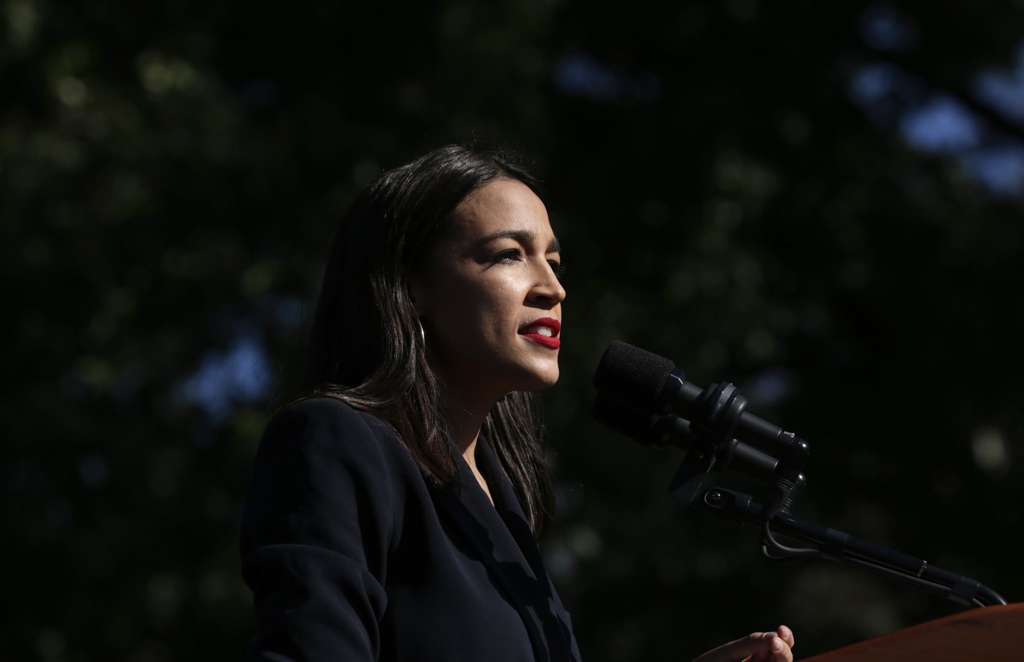 NEW YORK, NY - OCTOBER 19:  Rep. Alexandria Ocasio-Cortez (D-NY) endorses Democratic presidential candidate, Sen. Bernie Sanders (I-VT) at a campaign rally in Queensbridge Park on October 19, 2019 in the Queens borough of New York City.  This is Sanders' first rally since he paused his campaign for the nomination due to health problems. (Photo by Kena Betancur/Getty Images)