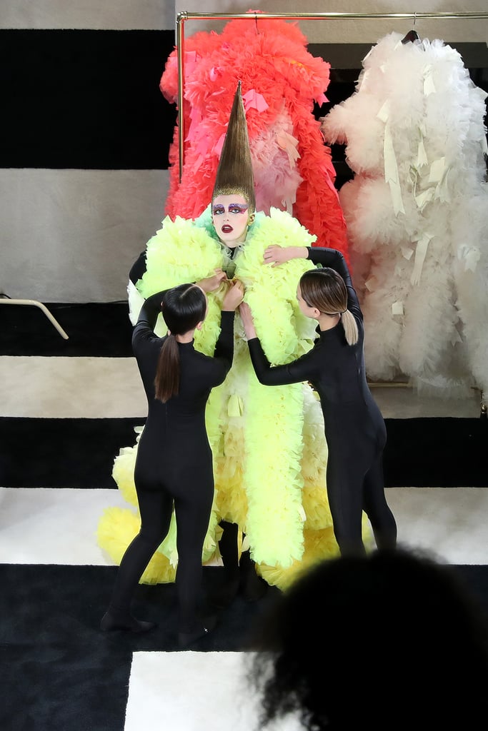 Model Ariel Nicholson in Tomo Koizumi at New York Fashion Week