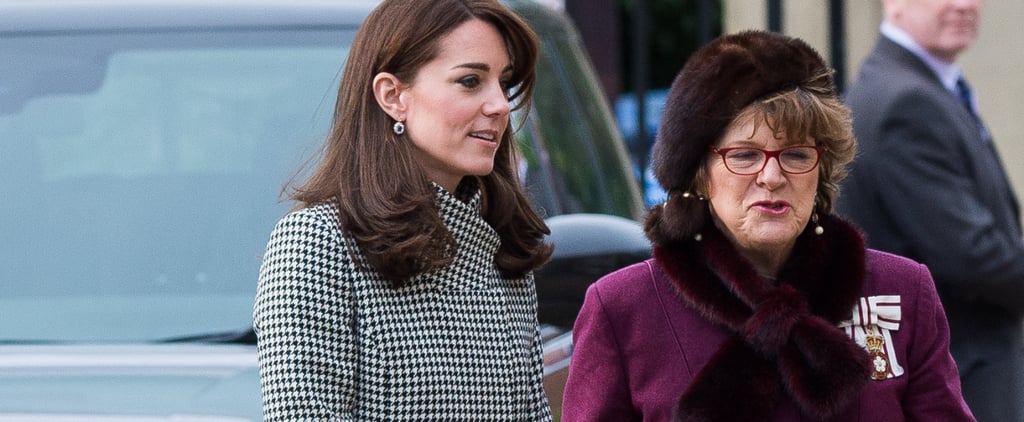 Kate Middleton Wearing Houndstooth Coat and Blue Dress