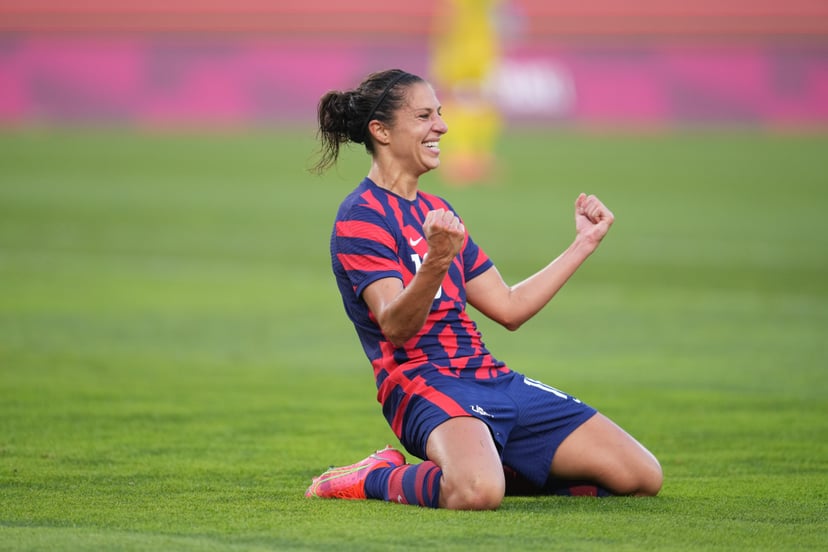 KASHIMA, JAPAN - AUGUST 5: Carli Lloyd #10 of the United States celebrates scoring during a game between Australia and USWNT at Kashima Soccer Stadium on August 5, 2021 in Kashima, Japan. (Photo by Brad Smith/ISI Photos/Getty Images)