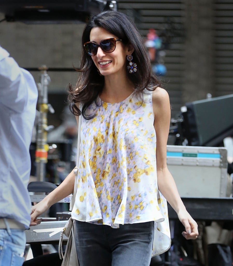 Amal Clooney wore a gorgeous Spring look on her surprise Saturday visit to George Clooney on the NYC set of Money Monster.
