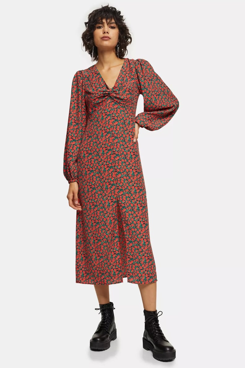 Topshop Red Rose Print Godet Twist Front Midi Dress