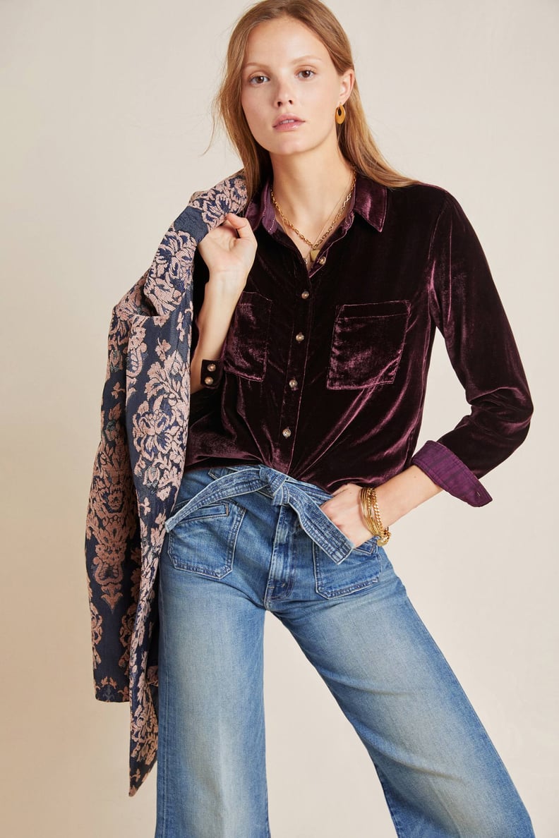 By Anthropologie Long-Sleeve Ribbed Velvet Buttondown Pajama Top